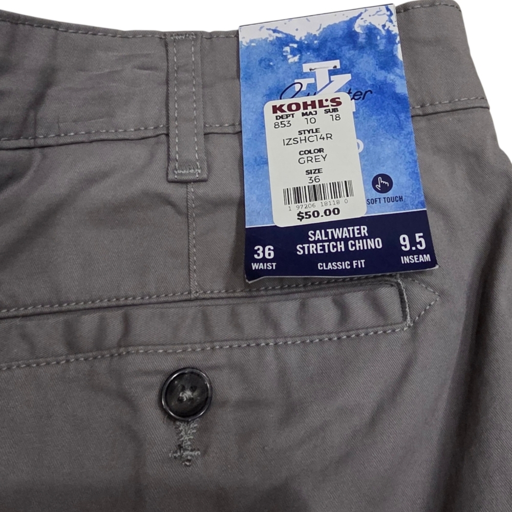 IZOD Saltwater Stretch Chino Classic Shorts 36x9.5 Gray NWT